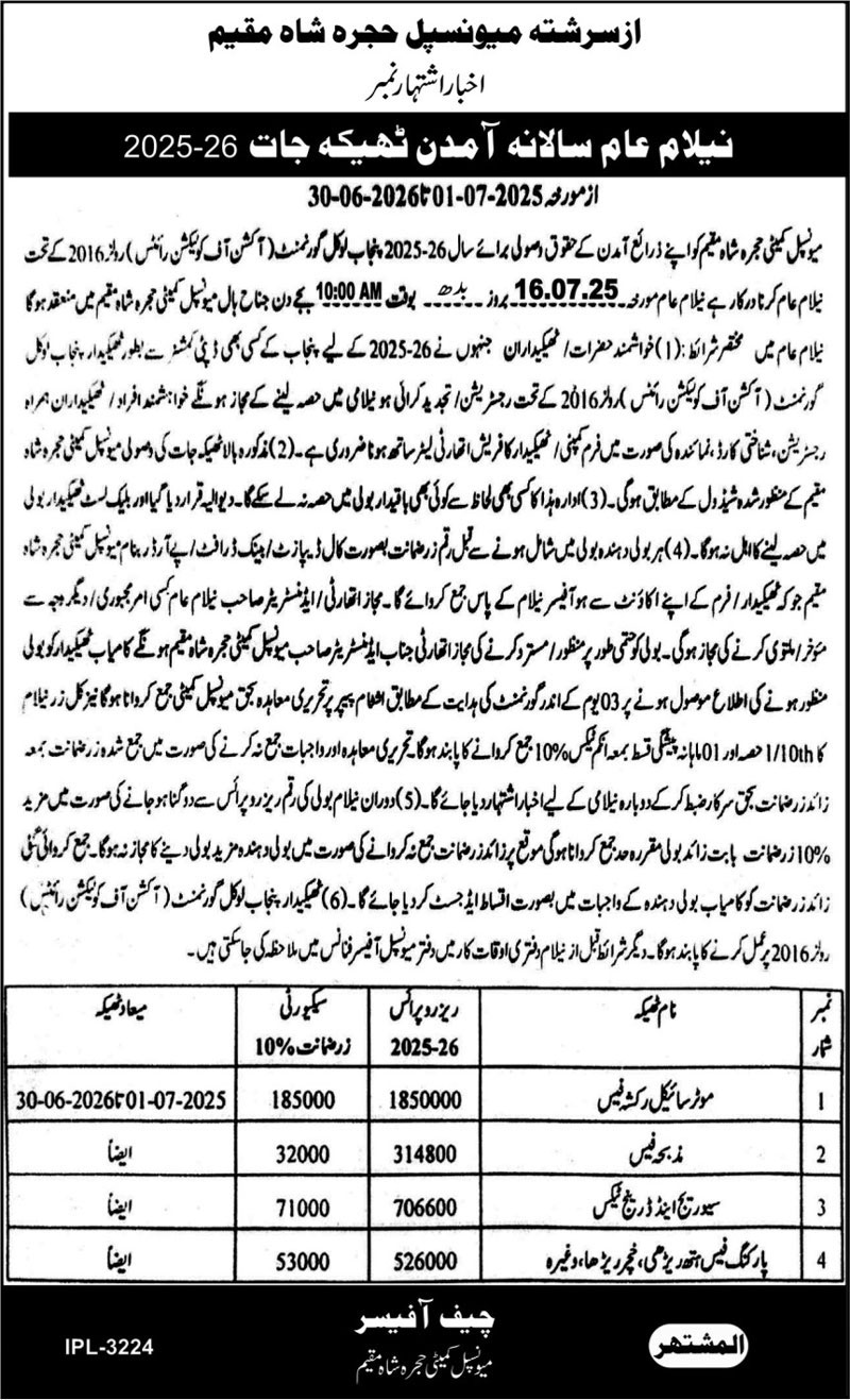 Municipal Committee Hajra Shah Muqeen Tender Notice
